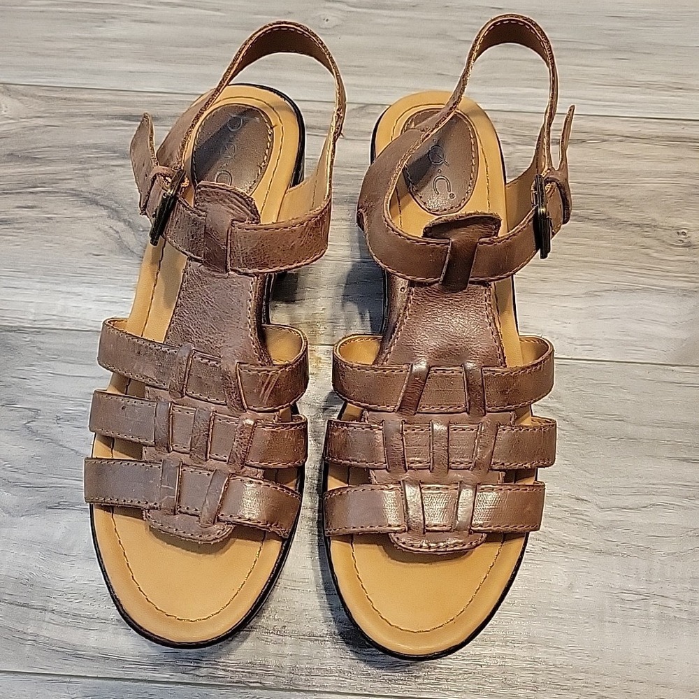 BOC Wedge Sandals Womens 8‎ Brown Leather Block Heel Open Toe Slingback